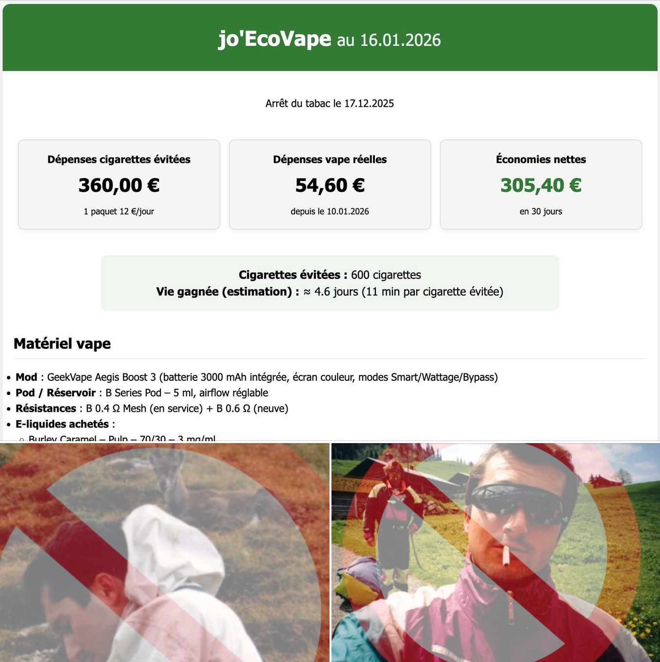 Suivi arrêt du tabac, économies vape, vie gagnée